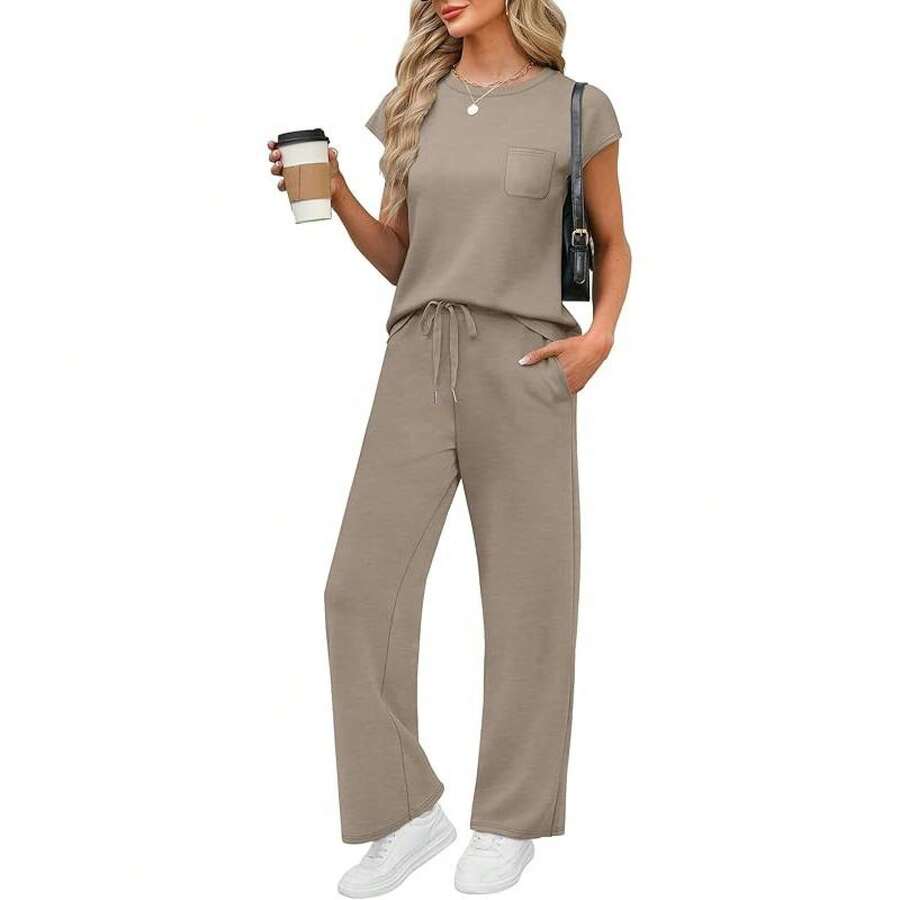 2 Piece Sets For Women Casual Summer Travel Vacation Outfits Cap Sleeve Lounge Set Loungewear Pajama Womenswear Minimalist - Coffee - View 1