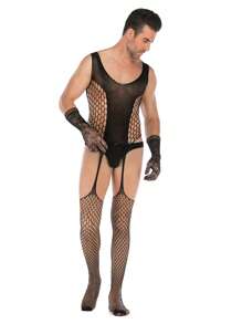 Men's Open-Crotch Seductive Nightwear High-Elastic Jacquard Bodysuit.Gloves Are Not Included.Sexy Lingerie