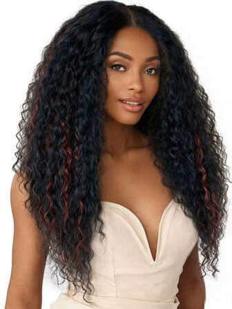 Black Highlight Red Kinky Curly Wig 13 * 4 * 1T Lace Synthetic Wigs