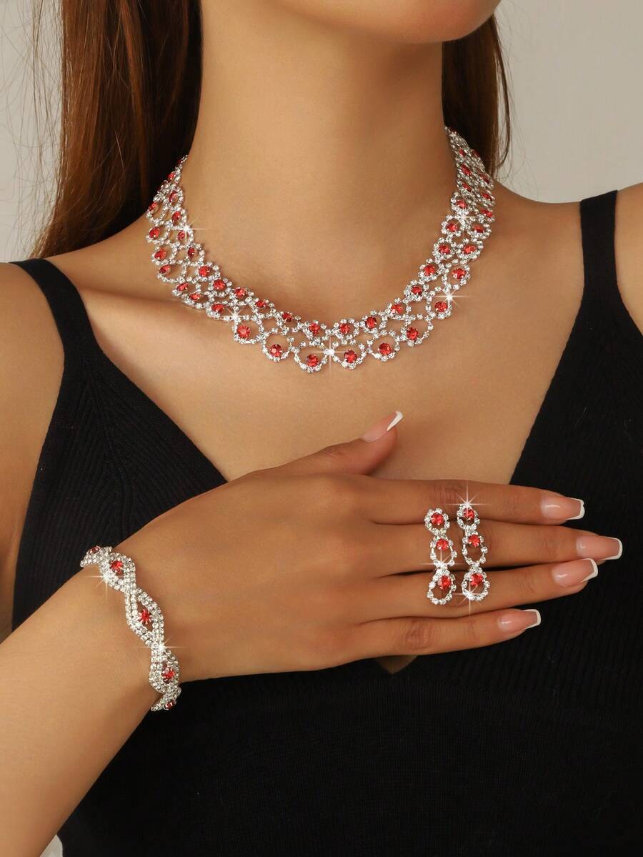 时尚镂空几何项链、耳环和手链套装，闪亮水钻新娘首饰套装，适合婚礼、宴会、舞会、派对 - 銀黑 - 查看 1