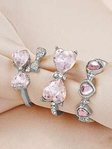 3 件 Y2K 花卉心形水钻戒指套装，创意优雅珠宝礼物，适合日常、派对、度假 - 彩色 - 查看 3