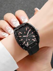 1件装女士硅胶表带时尚休闲双眼数字刻度石英腕表，简约风格 - 黑色 - 查看 3