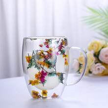4 piezas, 12 oz / 350 ml innovador vidrio de doble capa con verdadera flor seca, vidrio de borosilicato alto, taza de café reutilizable adecuada para diversas bebidas como jugos, bebidas, batidos, té, etc. - muy adecuada para uso en el hogar y la oficina. - transparente - Ver 3
