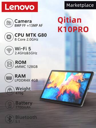 Lenovo Qitian K10pro Tablet WIFI Android 13 4GB+128GB MediaTek G80,10.61" 2K,2000*1200,IPS,8MP+13MP Dual Camera 802.11 Ac,Wifi5,BT 5.0,7700mAh,TB223FC,Supports 1TB SD Expansion,No Adapter