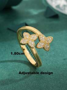 1 anel de ouro trevo de quatro folhas com zircônia cúbica incrustada, camada dupla, personalizado para mulheres, adequado para uso diário ou como presente de aniversário/dia dos namorados