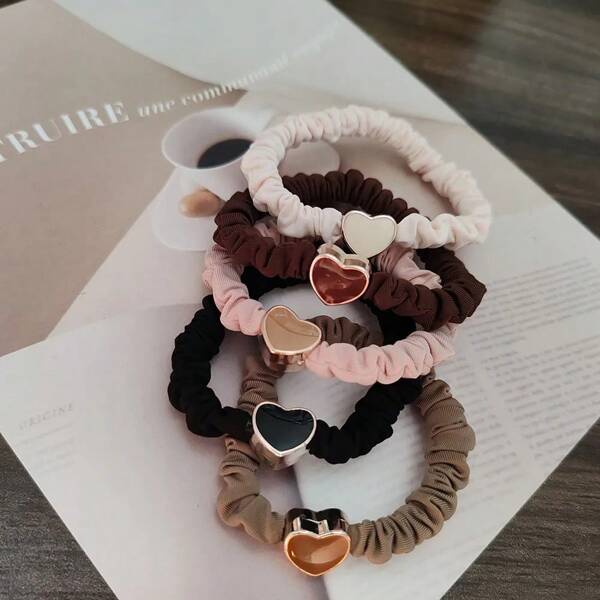 5pcs European And American Cream Heart High Elasticity Hair Ties For Women Girls Ponytail Holder Hair Rings Rope Accessories, Hair Tie ,Hair Accessories