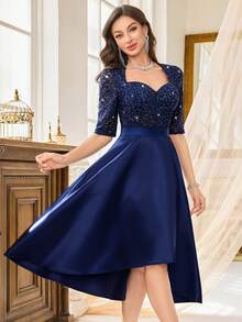 MIUSOL Sequin Floral Lace Contrast Satin Sweetheart Neck Half Sleeve Prom Party Swing Dress - Navy Blue - View 6