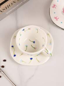 1pc Hand-Painted Floral/Yellow Stamen Ceramic Coffee Cup And Saucer Set, Suitable For Home, Office, Cafe Use, Ideal Gift For Women, Mom, Birthday Back To School