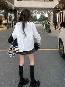 Camisa blanca suelta y versátil con estilo universitario distinguido y corbata, nueva blusa de manga larga para primavera/verano para mujer - Blanco - Ver 8