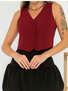 Women's Short Vest Lined Tailored With Buttons Formal V-Neckline - Burgundy - View 3