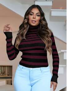 Plus Size Cold Knit Cacharrel Blouse Thick Stripes High Neck Women's - 黑色與葡萄酒 - 查看 3