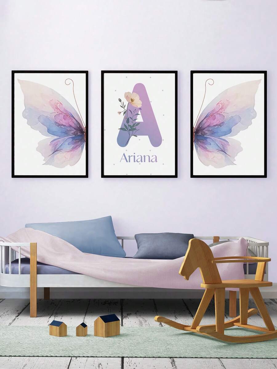 3pcs Custom Name Art Poster Personalized Butterfly Canvas Hanging Pictures Aesthetic Wall Art Dopamine Fashion Poster Nursery Kids Room Wall Decoration Girls Bedroom Decor Birthday Gift No Frame, Valentine Day, Valentine Day Decor Gifts Graduation, Multi-Functional, Durable, Quick Dry, Waterproof, Anti-Mold, Reusable, Ornamental School, Office, Tea Room, Home, Garden, Graphic Print