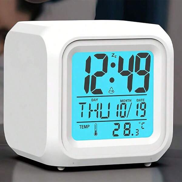 Color LED Digital Alarm Clock With Temperature Display - Silent, Illuminated, Square Design, 7-Day Weather Forecast, Date And Time Display, AAA Battery Powered (Excluding Battery), Bedroom Alarm Clock