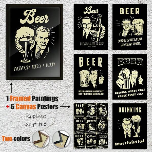 Optional Buy One Get Six Free Style, 12*16in Illustration Drink Beer, Optional Frame, Beer Poster Pattern, Optional 1 Pc Canvas Or Paintings With Polished Plexiglass Frame + 6 Pcs Canvas Posters, Replace Any Time, Modern Vintage Wall Art Decor For Home Living Room Bedroom Office, Home Decor, Home Accessories