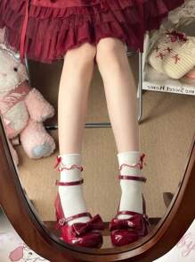 1 Pair Women's White Lolita Style Cute Wooden Frill Trim Bow Accent Short Socks