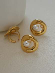 Frminee 1 pieza Anillo de acero inoxidable chapado en oro de 18K con perla, diseño de lujo elegante y vintage para uso diario, fiestas, bodas, regalo para el día de la madre