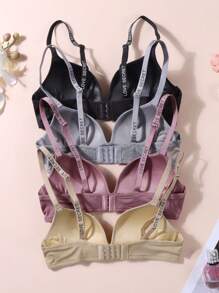 4 Packs Girls Teenager Ribbed Moulded Cup Bra, Letter Printed Teen Underwear, Comfortable And Breathable For Young Girls