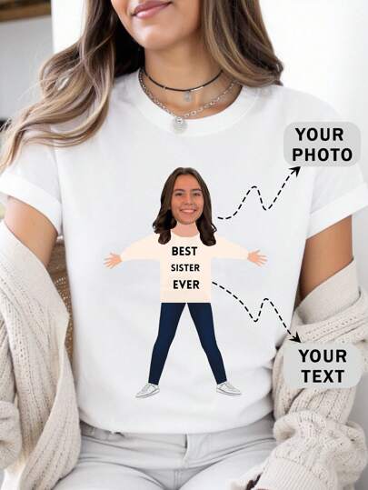 Customized Face And Text, Personalized Photo Face T-Shirt, Customized Funny Face Top, Customized Name/Photo T-Shirt, Customized Face Shirt, Customized Bachelor Party Shirt, Bride Shirt, Customized Gifts, Customized Face Shirt, Customized Women T-Shirt - Add Your Own Text And (Boyfriend/Girlfriend/Family Photo/Selfie/Pet Photo/Friend Photo) To Design Your Personalized Printed T-Shirt, Family Gathering Customized, Wedding Gift,Women Apparel,Chic Autumn, Utilitarian Chic, Fall New Style Women, Graphic Print