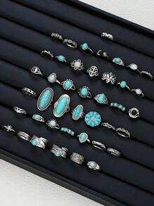 Conjunto de 44 anéis de metal com flor turquesa estilo boêmio, presentes para mulheres em datas comemorativas, acessórios para combinações diárias