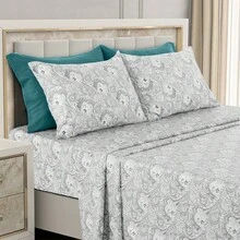 Lux Decor 6-Piece Paisley Bed Sheet Set, High-GSM Brushed Microfiber, 16-Inch Deep Pockets, Includes Sheets & Pillowcases. Soft, Hypoallergenic, Easy Care, Hotel-Quality Bedding For Dorms, Guest Rooms & Master Bedrooms - 白色和灰色 - 查看 9