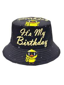 Elegante cappello secchiello con design della corona "È il mio compleanno" - leggero, nero con scritte dorate, 1 pezzo cappello secchiello in poliestere per feste di compleanno
