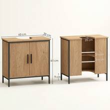 HOMCOM Under Sink Bathroom Cabinet, Industrial Freestanding Under Sink Cabinet With 2 Doors, Adjustable Shelf And Steel Frame For Basin Without Or With Pedestal, Oak - 棕色 - 查看 3