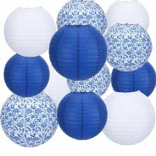 12pcs Blue And White Porcelain Design Chinese Traditional Pattern Paper Lanterns, Suitable For Weddings, Birthdays, Festivals, Parties, And Home Decor - Multicolor - View 2