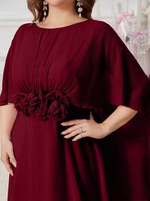 SUPGIR 圆领披肩袖束腰蓬蓬裙花朵点缀优雅粉色晚会礼服 - 酒紅色 - 查看 6