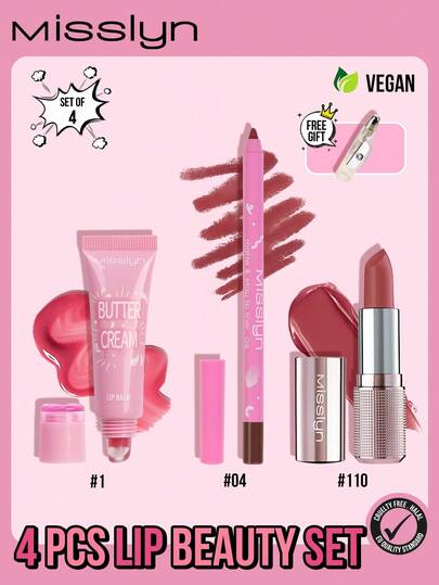  MISSLYN 四件套唇部彩妆套装，包括润唇膏、唇膏、哑光持久唇线笔、哑光持久唇线笔、唇油唇彩、唇油润唇膏。