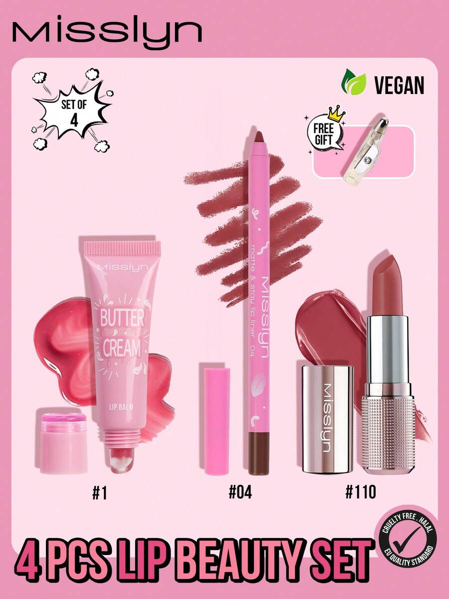 MISSLYN 四件套唇部彩妆套装，包括润唇膏、唇膏、哑光持久唇线笔、哑光持久唇线笔、唇油唇彩、唇油润唇膏。 - #1+#110+#04 - 查看 1