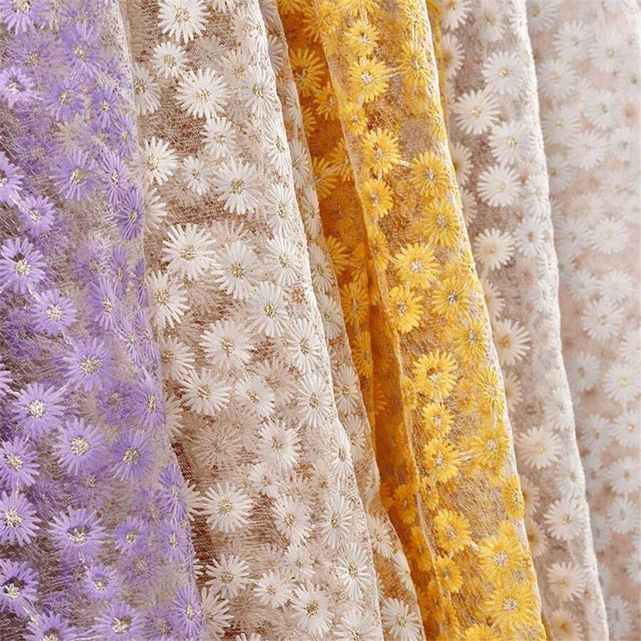 1pc Sunflower Embroidered Mesh Fabric, Multi-Color Embroidered Fabric, Daisy Embroidery, Handmade DIY Sewing Fabric, Indoor Decorative Textile