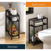 Narrow Side Table With Storage Basket, Small End Table For Small Spaces Skinny Side Tables Living Room Bedroom, Slim Nightstand 3 Tier Bedside Table Space-Saving For Magazine, Rustic Brown