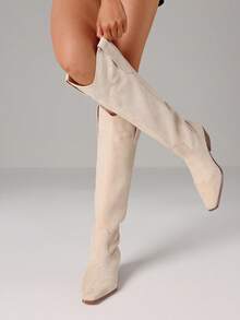 Women's Western Knee High Boots Pointed Toe Chunky Heels Cowgirl Boots Fashion Retro Western Boots - 杏色絨麵 - 查看 4