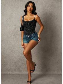 Women Lace Bodysuit Sexy Square Neck Sleeveless Cami Spaghetti Strap Thong Bodysuit Backless Body Suits Tops Leotard - Black Floral - View 5