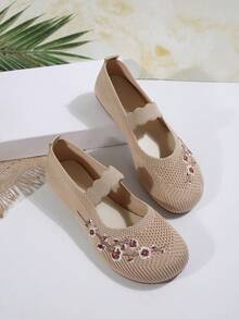 女士手工小碎花刺绣一脚蹬软底休闲步行鞋，纯色低帮透气日常鞋，轻便软底小碎花刺绣鞋 - 米色 - 查看 8