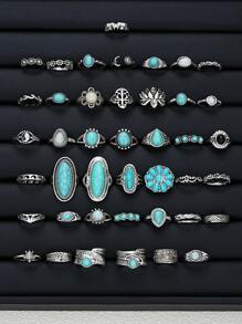 Conjunto de 44 anéis de metal com flor turquesa estilo boêmio, presentes para mulheres em datas comemorativas, acessórios para combinações diárias