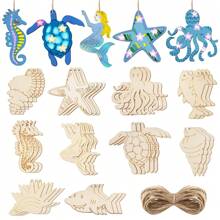10 Pieces Unfinished Wooden Ocean Animal Cut-Outs For Summer Wooden Ocean Decorative Paintings, 10 Styles Of Blank Beach Octopus Mermaid Sea Turtle Animal Life Cut-Outs For DIY Craft Hanging Home Decor