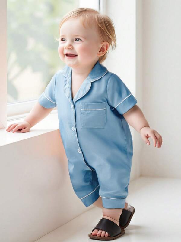Baby Girls Summer Jumpsuit Short Sleeve Lapel Solid Color Button Up Romper 0-18 Months