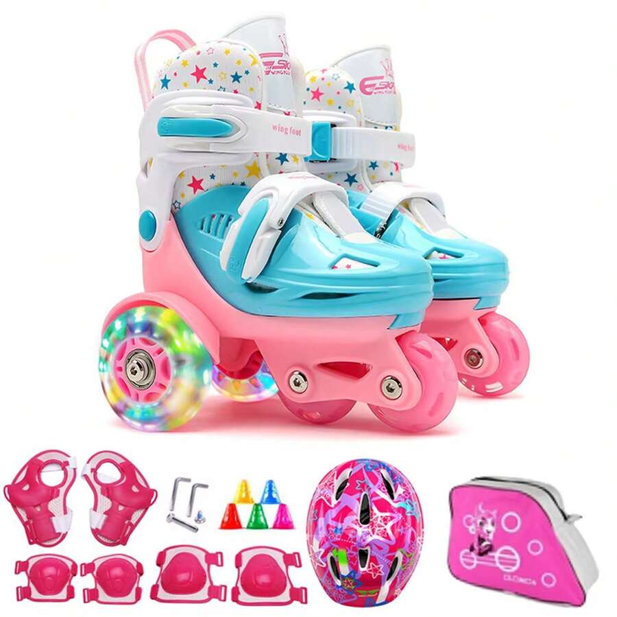 Roller Skates For Boys Girls, 4 Sizes Adjustable Roller Skates For Children With Protective Gear Set, Beginners 6-12 Years Old Light Up Quad Skates Indoor Outdoor Skates, Beginner Roller Skate, Cute And Funny Birthday Gifts For Kids - 粉色 - 查看 1
