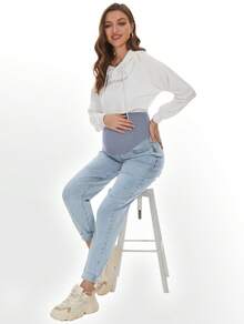 Women's Maternity Jeans Over Belly Comfy Stretch Boyfriend Jeans Loose Pregnancy Pants, S-XXL - 淺藍色 - 查看 3