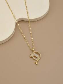 1 件可爱水钻镶嵌不锈钢海豚和海洋生物项链，精美沙滩装珠宝，海洋主题系列 - 金黃色 - 查看 9