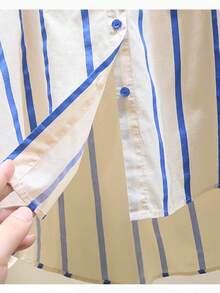 Blusa casual suelta de manga larga para mujer con cuello de diseño, bloques de color a rayas, botones frontales, bordado y espalda corta