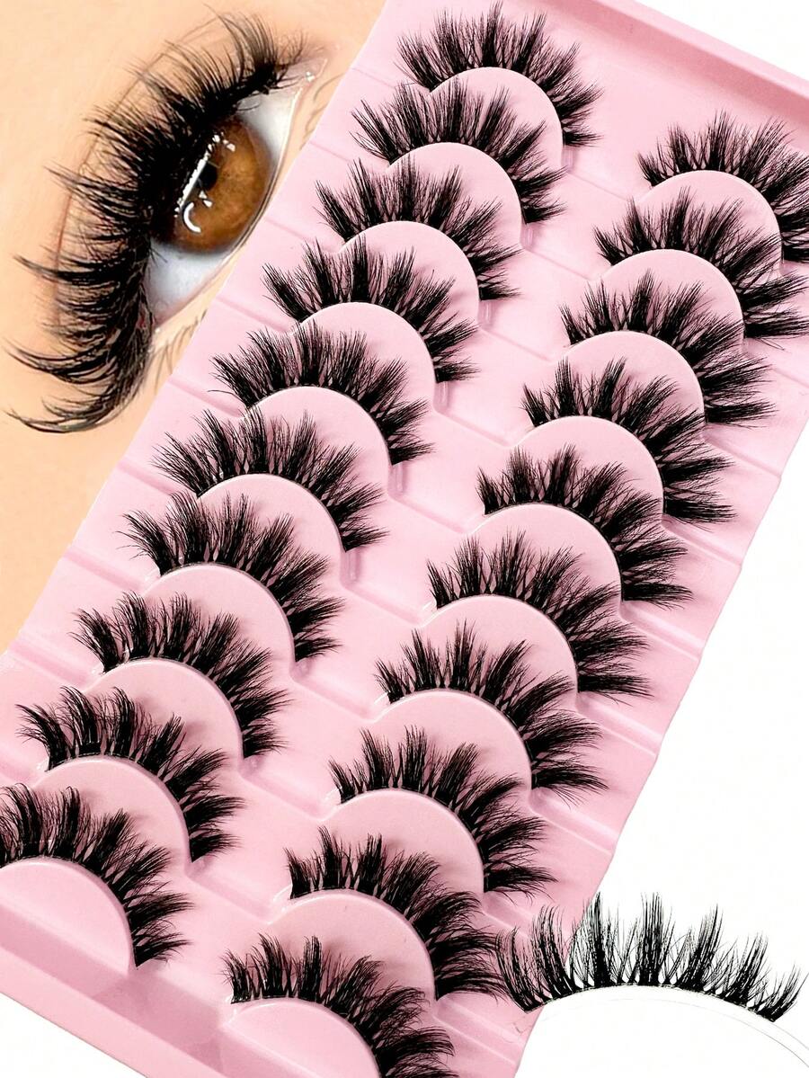 10 Pairs Fluffy 6D Faux Mink Eyelashes, Soft & Full Cat Eye Style Clear Band Fake Eyelashes Look Like Real Lashes Extended, Natural Look 3D Fluffy Cat Eye Lashes, Faux Mink Full Strip Lashes, Suitable For Any Casual Occasion Strip Lashes,Lashes,Eyelashes,Fake Lashes - màu đen - Xem 1