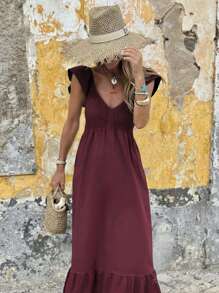 Vestido largo elegante de manga de vuelo con diseño elegante, vestido de verano cómodo y sencillo de unicolor para vacaciones, vestido casual de moda rojo para mujer