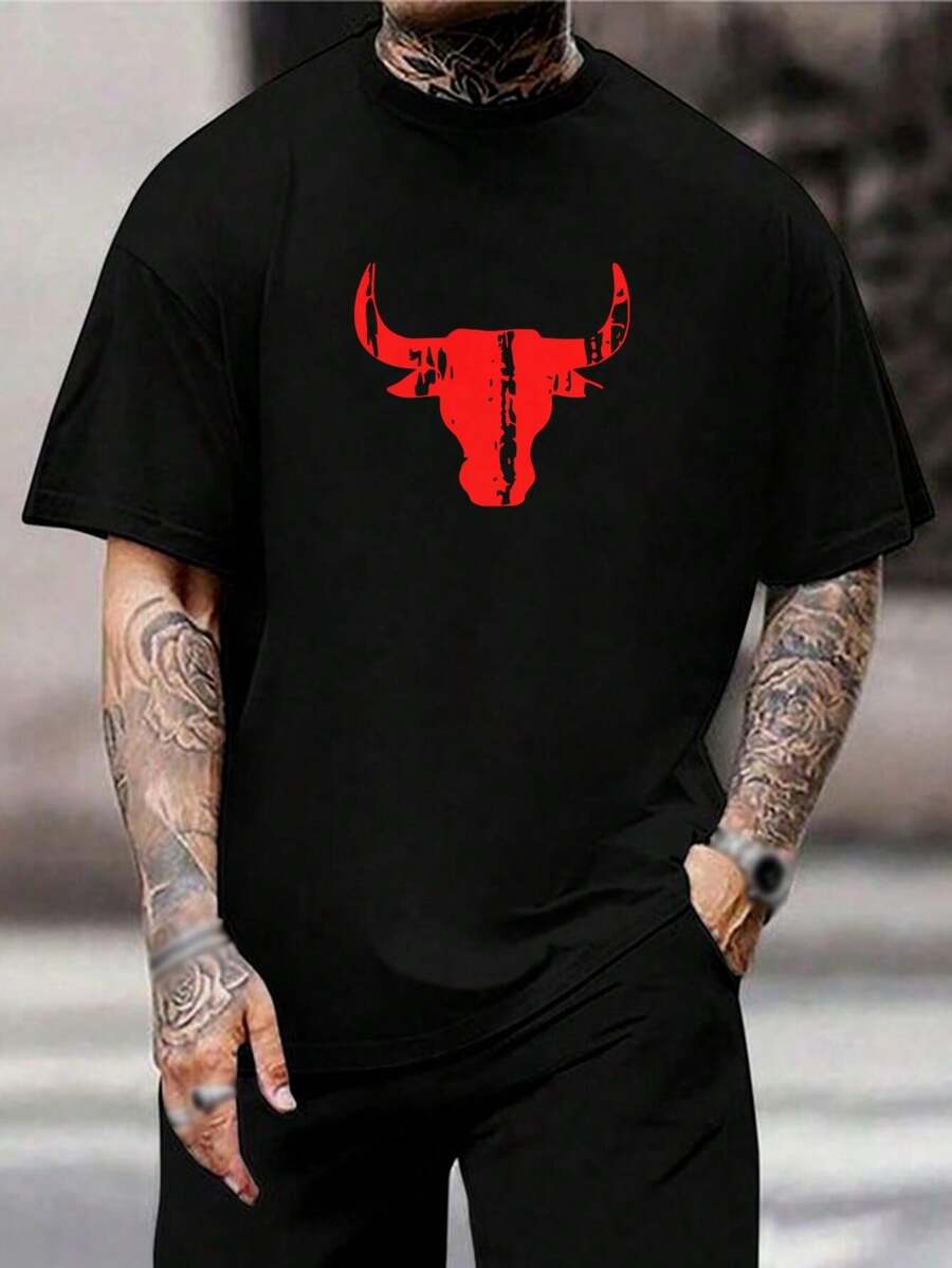 Camiseta gráfica roja de Red Bull para hombre - Camiseta retro de cuello redondo negro con cabeza de toro - Camiseta informal de manga corta para ropa de calle - Negro - Ver 1