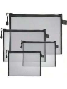 4个装网眼拉链袋，3种尺寸，迷你化妆品收纳袋，便携旅行包，带拉链口袋，可作笔袋，适用于化妆品和旅行用品，黑色，返校季，学习用品，铅笔盒，铅笔袋，书包，文具 - 黑色 - 查看 8