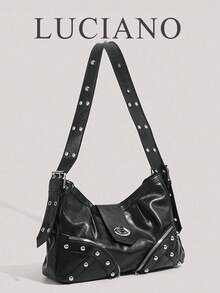 New Fashion Vacation Rivets Dark Cool Modern Y2k Motorcycle Bag Shoulder Bag Daily Travel Street Commuting Simple Multifunction Retro Tote Bag - Black - View 1