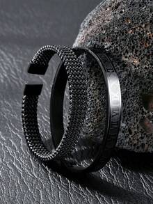 时尚男士黑色手链套装，不锈钢哥特复古罗马数字弹力手链，适合日常和假日佩戴，夏季送给男友的礼物 - 黑色 - 查看 1