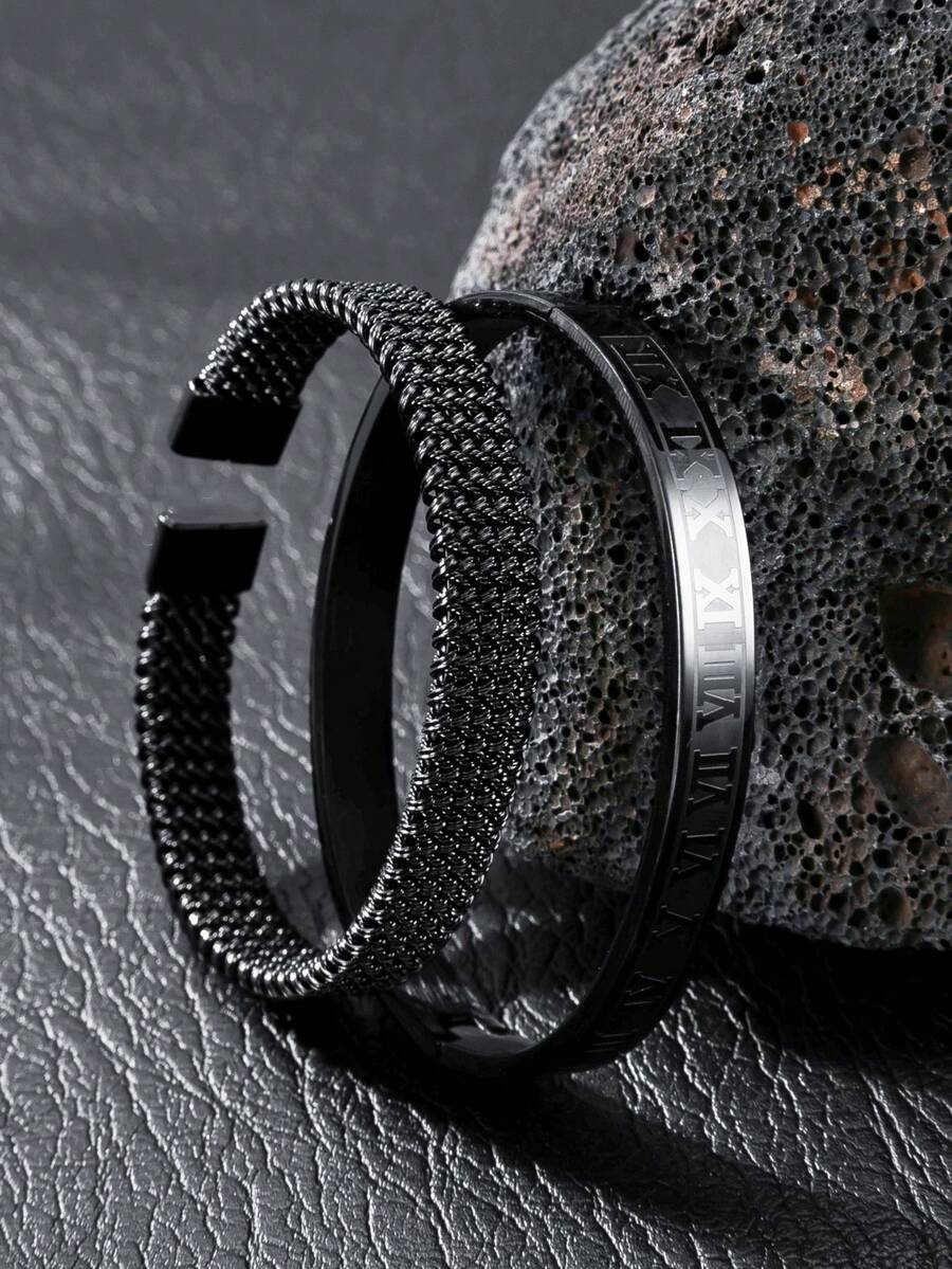 时尚男士黑色手链套装，不锈钢哥特复古罗马数字弹力手链，适合日常和假日佩戴，夏季送给男友的礼物 - 黑色 - 查看 1