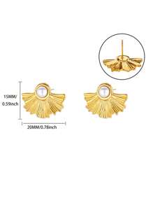 1 Par de Pendientes tipo botón con hojas de ginkgo de lujo para mujeres, de color dorado, con perlas falsas de acero inoxidable. Joyas de moda para boda, nuevo diseño 2025, regalo